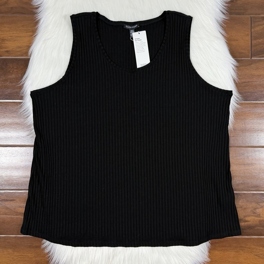 Eileen Fisher Size XL Black Ribbed Stretch Tencel Scoop Neck Tank Top Shirt